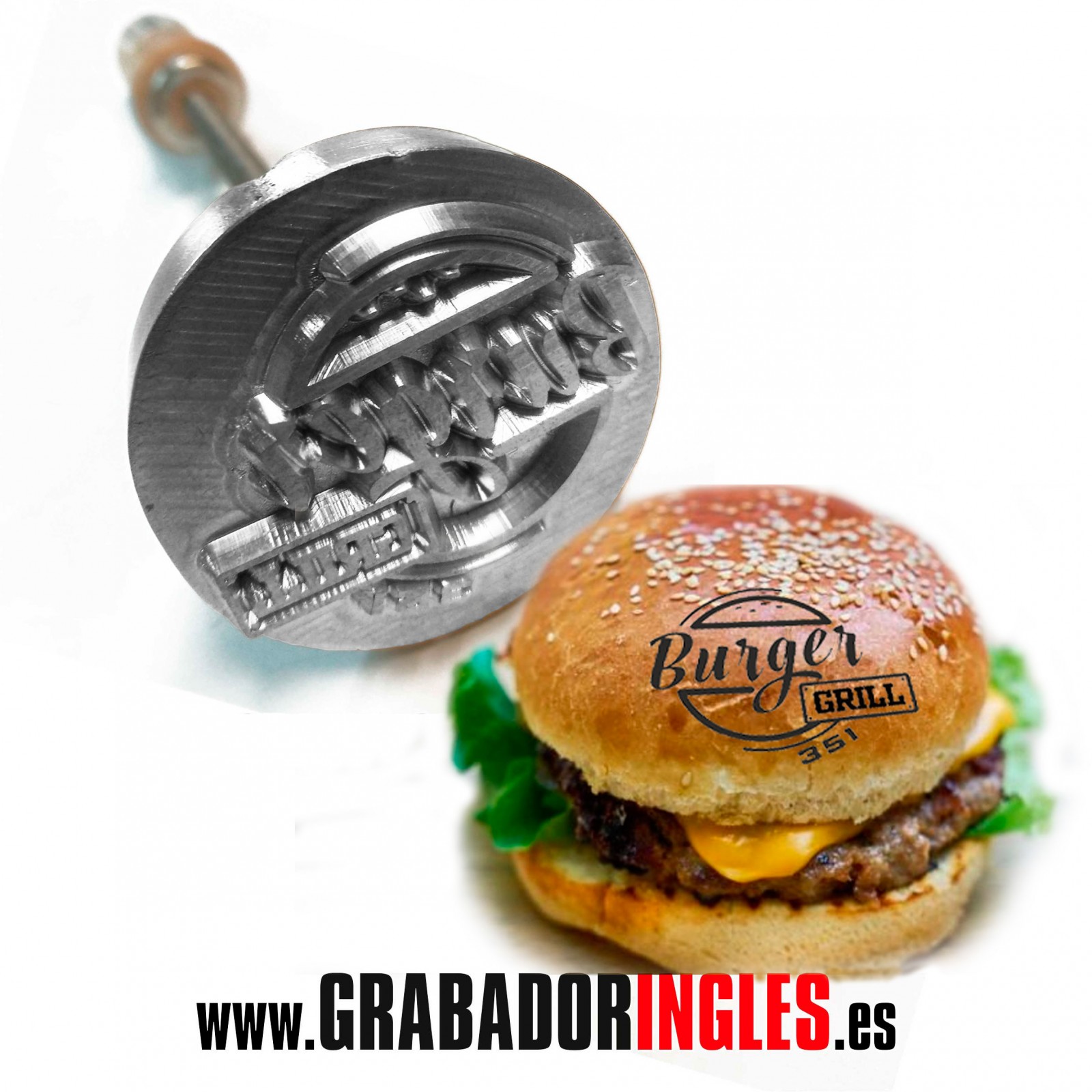 Sello para marcar hamburguesas al con sello personalizado logotipo o texto. Tienda online www.grabadoringles.es