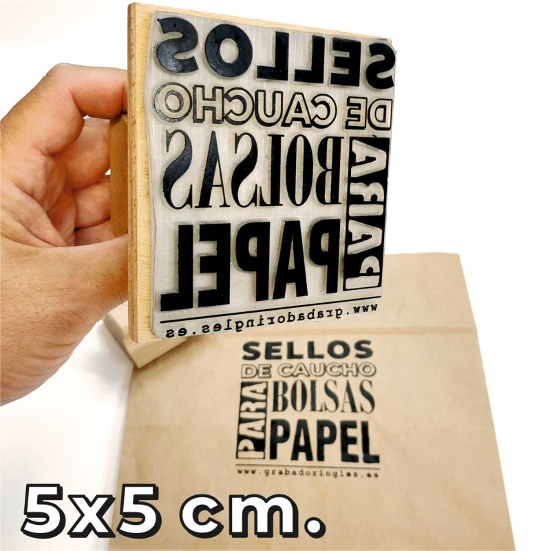 Sello de caucho 5 x 5 cm. para bolsa de papel - Sello de caucho 10 x 10 cm. para bolsas de papel Kraft